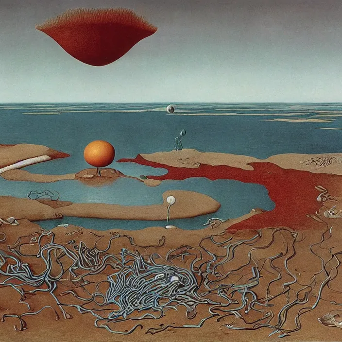 Prompt: the first color getting out of the primordial ocean to walk on land. codex seraphinianus. painting by yves tanguy, jan van eyck, moebius, walton ford, rene magritte