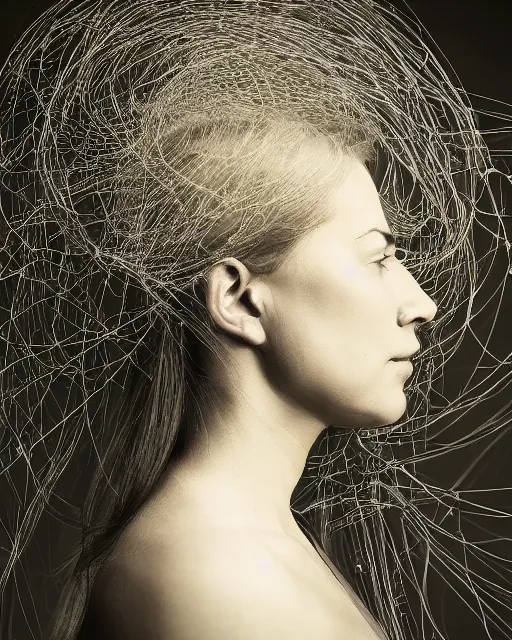 Image similar to a woman's face in profile, long flowing hair entwined in intricate decorative cobwebs, in the style of the dutch masters and gregory crewdson, dark and moody