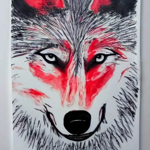 Image similar to image of a wolf painted with black and red watercolors on white paper