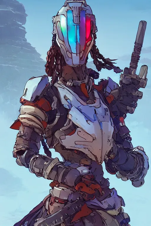 Image similar to combination suit armor aloy horizon forbidden west horizon zero dawn robot ninja mask helmet backpack tribal, art gta 5 comics, official fanart behance hd artstation by jesper ejsing, by rhads, makoto shinkai and lois van baarle, ilya kuvshinov, ossdraws radiating a glowing aura cgi rtx 2 0 2 2