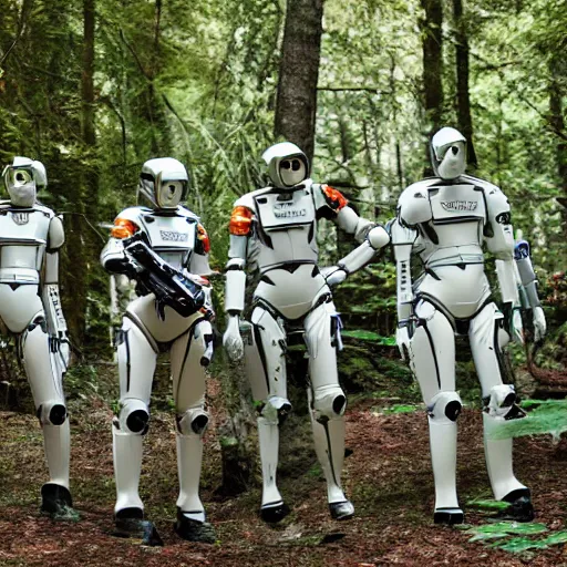 Image similar to a squad of space scouts and a tall robot wearing camo uniforms with white armor and helmets exploring a forest planet