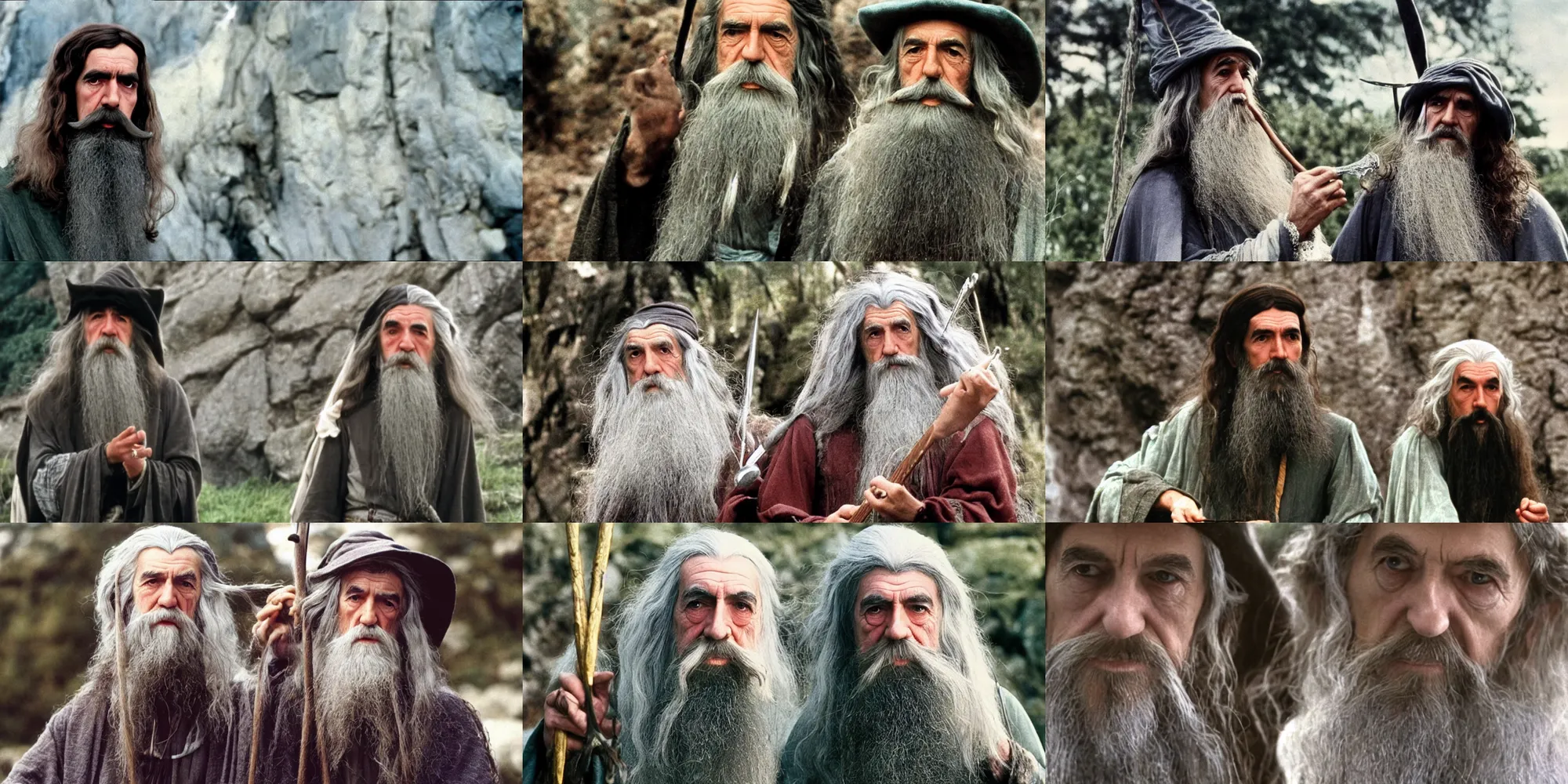 Prompt: A full color still of young George Harrison dressed in a Gandalf costume, fake beard, in The Lord of the Rings directed by Stanley Kubrick 1970, 35mm film