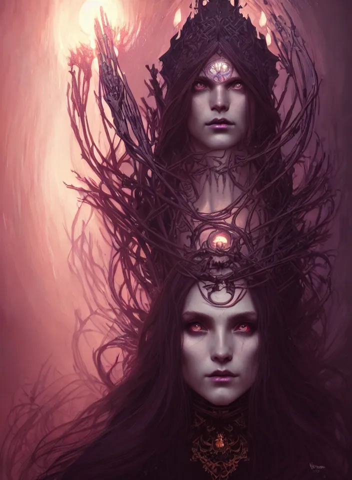 Image similar to Necromancer Sorceress face in center, fantasy magic, undercut hairstyle, dark light night, intricate, elegant, sharp focus, illustration, highly detailed, digital painting, concept art, matte, art by WLOP and Artgerm and Greg Rutkowski and Alphonse Mucha, masterpiece