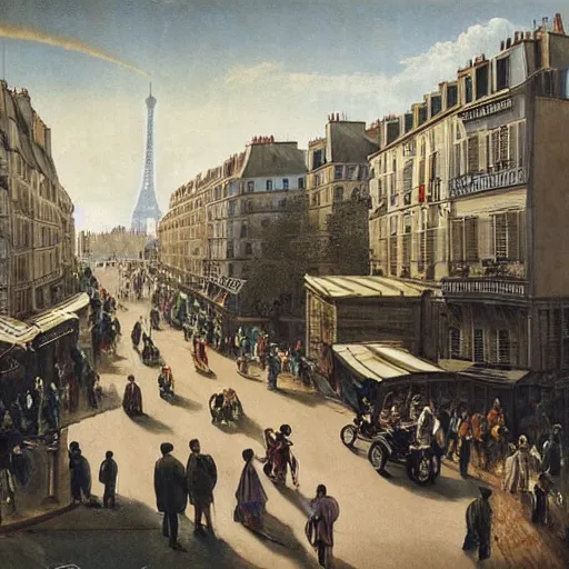 Image similar to a typical Parisian street of the future, in the foreground a man and a woman from behind, in the back at the bottom of the street a spaceship destroying buildings, American blockbuster style, multiple details
