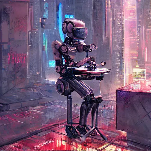 Image similar to a very beautiful and very detailed painting of a robot artist painting on a canvas, cyberpunk digital art, dystopian style