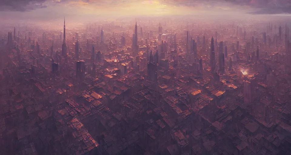 Prompt: city in the clouds, aerial view, first light, panorama, by greg rutkowski, artstation