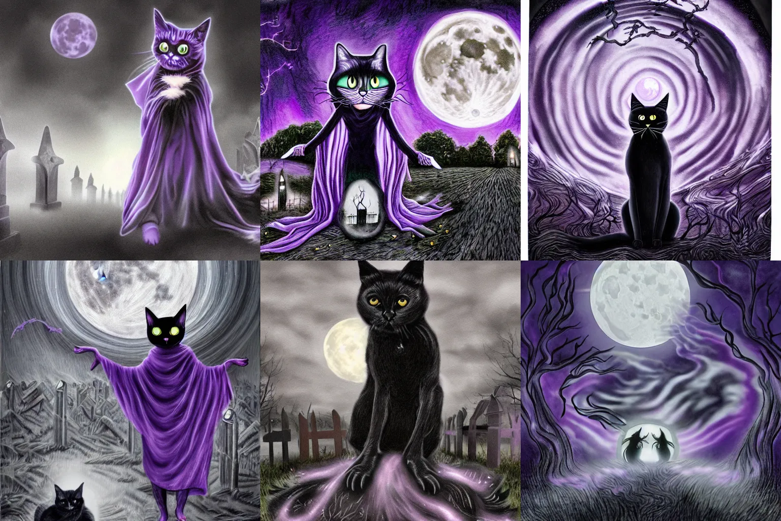 Prompt: a black cat wearing cloak with purple mist swirling around it's feet in a graveyard at night with full moon in the sky, in the style of junji ito hyper realistic, detailed, masterpiece, award winning, 8 k hd