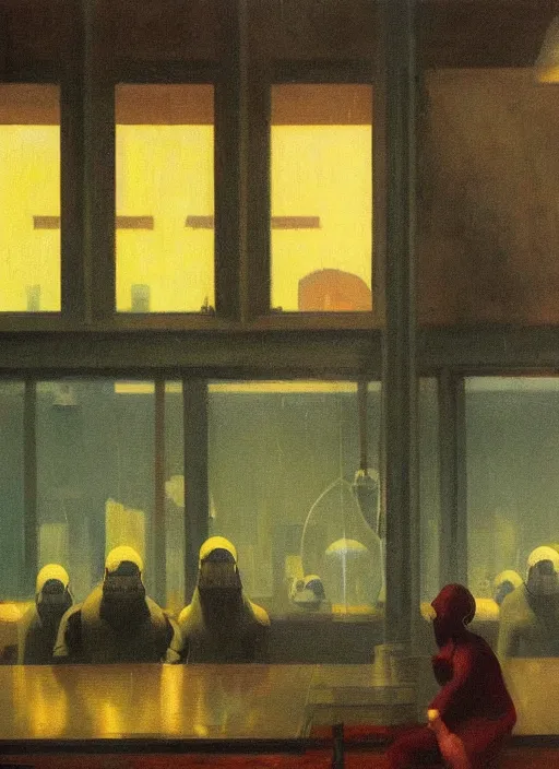 Prompt: spherical people gas masks at flooded restaurant Edward Hopper and James Gilleard, Zdzislaw Beksinski highly detailed