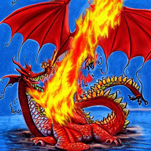 Prompt: firefighters using water against a fire - breathing dragon, pencil art, fire, colorful