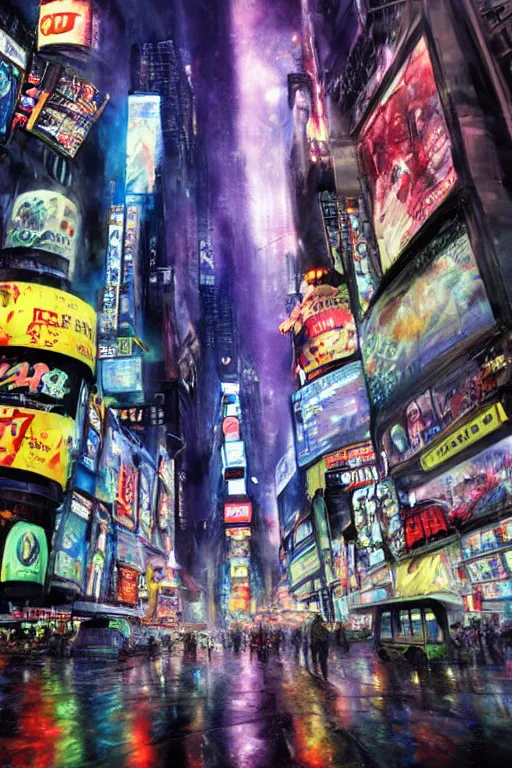 Image similar to neo tokyo time square in a rainy night, landscape, alex ross, neal Adams, david finch, concept art, matte painting, highly detailed, rule of thirds, dynamic lighting, cinematic, detailed, denoised, centerd