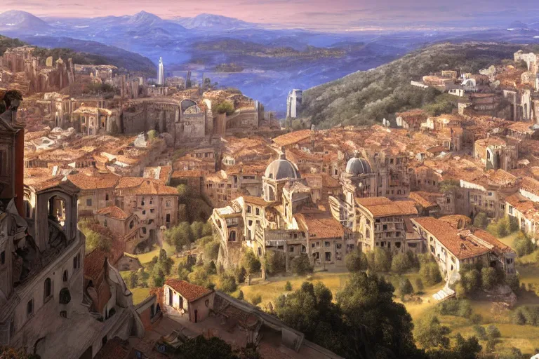 Image similar to an ultra detailed matte landscape painting of an italian renaissance capital city built on top of a large hill sweeping vista, italian renaissance architecture, ultrawide lense, aerial photography, 8 k, volumetric lighting, smooth, highly detailed, digital illustration, art by greg rutkowski and akira toriyama and artgerm