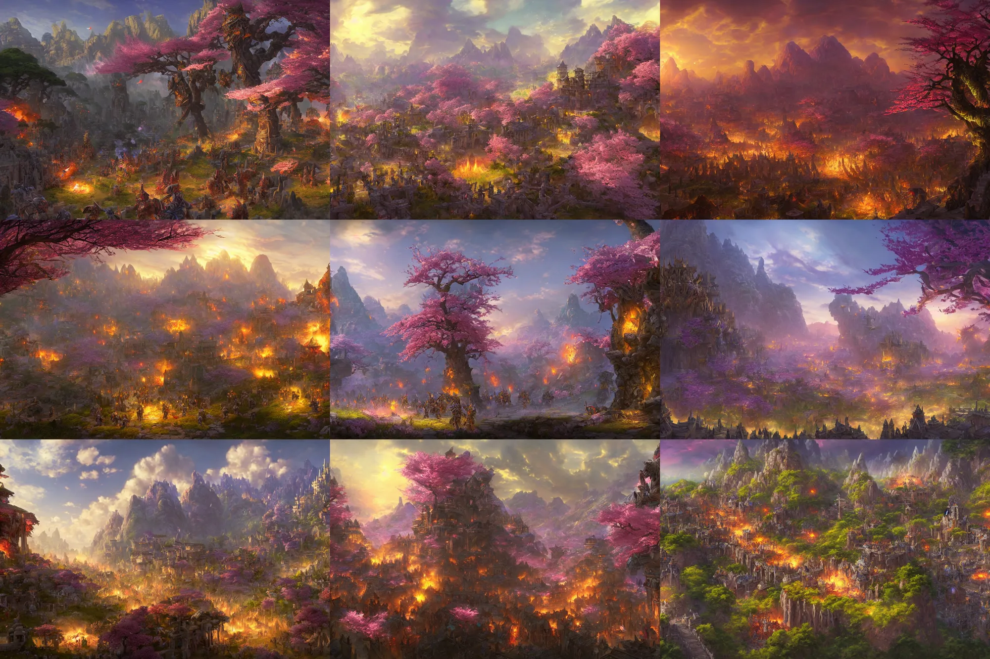 Prompt: Rendering of the Siege of Orgrimmar (World of Warcraft) with cherry blossoms, by Makoto Shinkai and thomas kinkade, fantasy matte painting, trending on cgsociety and unreal engine, light effect, highly detailed, super wide angle