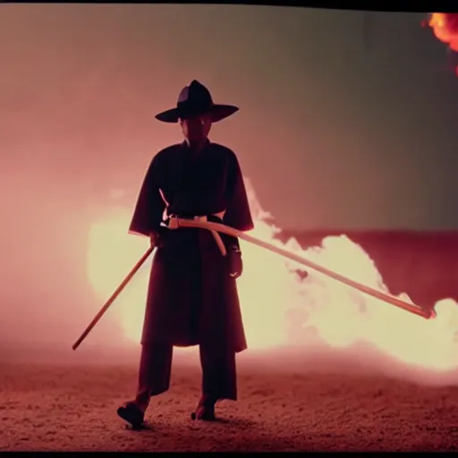 Image similar to cinematic film still Pharrell Williams starring as a Samurai holding fire, Japanese CGI, VFX, 2003, 40mm lens, shallow depth of field,film photography