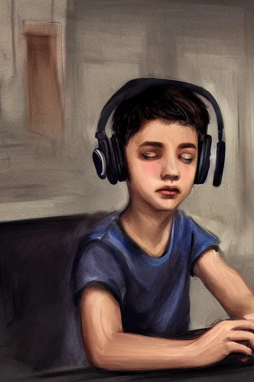 Image similar to a boy with headphones in a cafe, digital art, digital painting, masterpiece, concept art, trending on deviantart, highly detailed, high quality, anatomically correct, five fingers, cinematic, high coherence, soft lighting, soft colors, beautiful, elegant, short black hair, 4 k, symmetrical, realistic and detailed face, cartoon