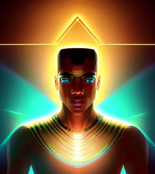 Image similar to symmetry!! egyptian god of technology, solid cube of light, hard edges, product render retro - futuristic poster scifi, lasers and neon circuits, brown skin handsome egyptian god, intricate, elegant, highly detailed, digital painting, artstation, concept art, smooth, sharp focus, illustration, dreamlike, art by artgerm