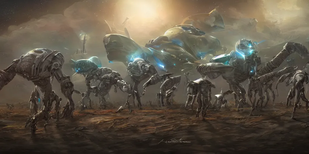 Image similar to digital art, trending on artstation, race of technobiological aliens in a meeting at their base in the galaxy