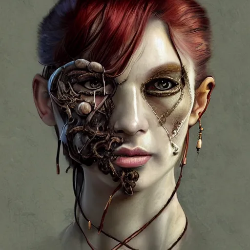 Image similar to portrait of a Shibari rope wrapped face and neck, headshot, insanely nice professional hair style, dramatic hair color, digital painting, of a old 15th century, old cyborg merchant, amber jewels, baroque, ornate clothing, scifi, realistic, hyperdetailed, chiaroscuro, concept art, art by Franz Hals and Jon Foster and Ayami Kojima and Amano and Karol Bak,