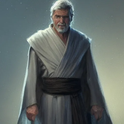 Prompt: portrait of a man by greg rutkowski, grand jedi master ben skywalker, star wars expanded universe, he is about 6 0 years old, wearing jedi robes highly detailed portrait, digital painting, artstation, concept art, smooth, sharp foccus ilustration, artstation hq