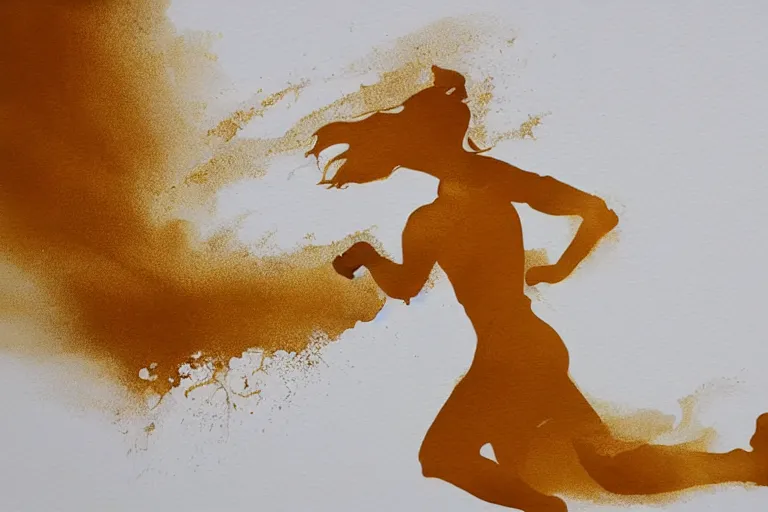 Image similar to beautiful serene running woman, exploration of motion and life, minimalistic golden and ink airbrush painting on white background