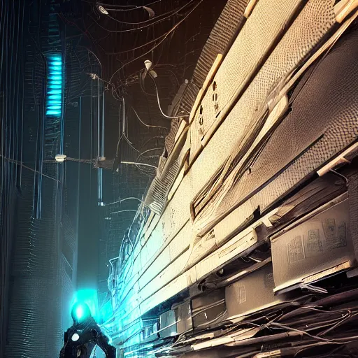 Image similar to a cyborg bound to a wall with numerous data cables, octane render, sci-fi, futuristic, trending on artstation, extremely detailed