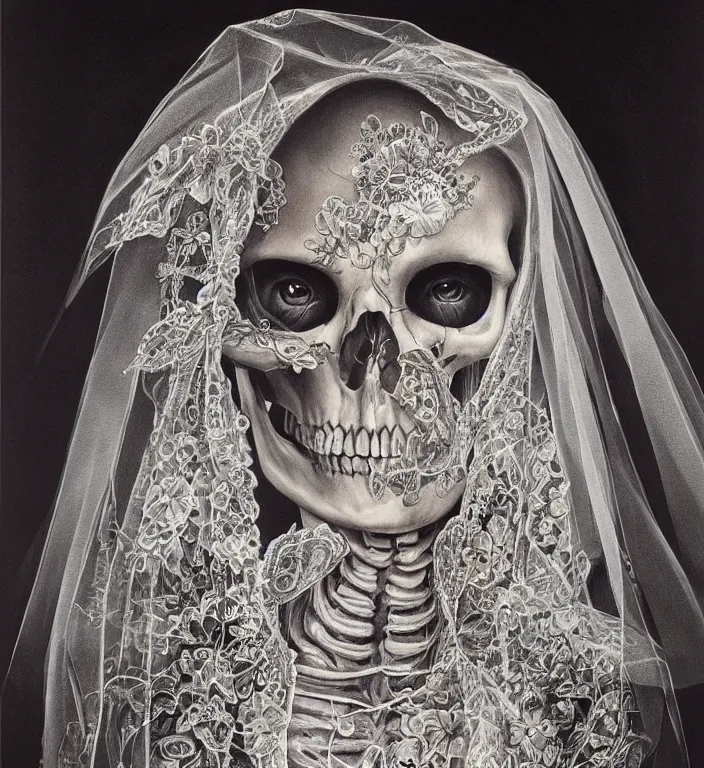 Image similar to portrait of a Bride's skeleton in veil with floral pattern by Laurie Lipton, high detailed, realistic,dark surrealism, hyper detailed