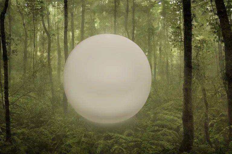 Image similar to a complex organic fractal 3 d ceramic sphere floating in a lush forest, foggy, cinematic shot, photo still from movie by denis villeneuve