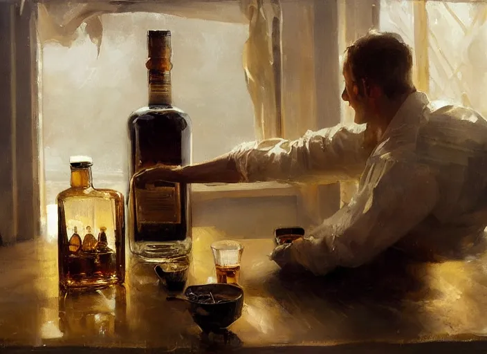 Image similar to oil painting of whiskey bottle, art by anders zorn, wonderful masterpiece by greg rutkowski, beautiful cinematic light, american romanticism by greg manchess, creation by tyler edlin