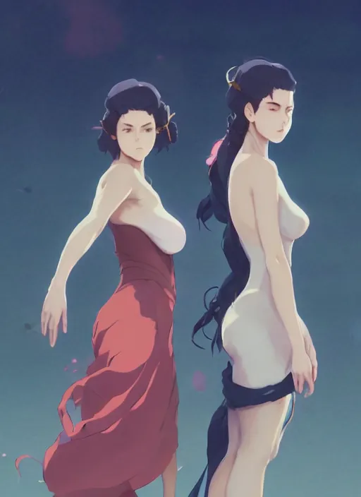 Image similar to two volupous woman standing back to back in villa, illustration concept art anime key visual trending pixiv fanbox by wlop and greg rutkowski and makoto shinkai and studio ghibli