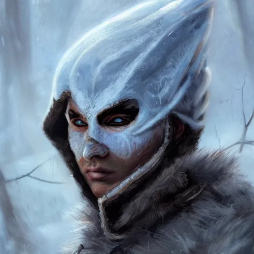 Image similar to fantasy snow bandit ‘ icewind dale ’ with mask, snow scene, ‘ icewind dale 2 ’ profile portrait by ‘ justin sweet ’, falling snow, soft focus, oil paint, artstation