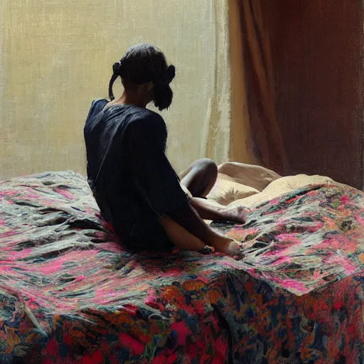 Image similar to girl with pigtails, in african print kimono, backview, bare back, sitting on edge of bed, by jeremy lipking, tim rees, joseph todorovitch