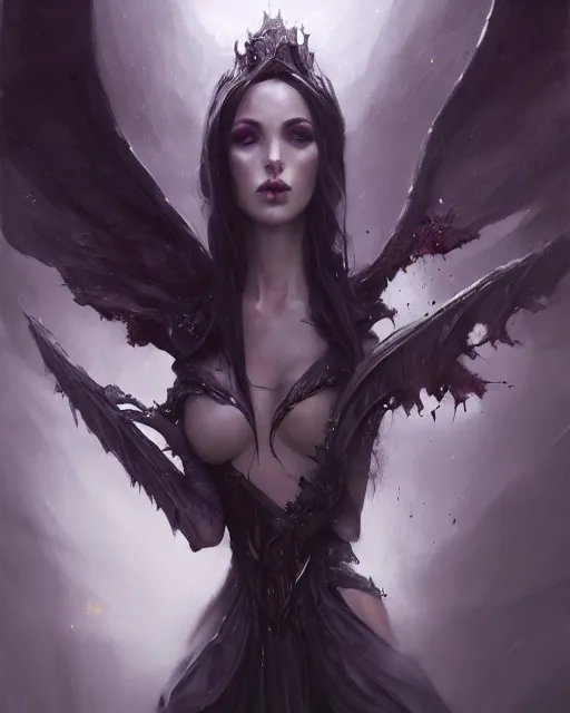 Prompt: wlop, bastien lecouffe deharme, daniel gerhartz, detailed portrait digital painting of a beautiful serious villainess wearing fantasy clothing like liliana vess, villainess has black angel wings, evil mood, hellish battlefield in the background, embers flying, unreal engine, hyper realism, realistic shading, cinematic composition, blender render, ultrawide shot