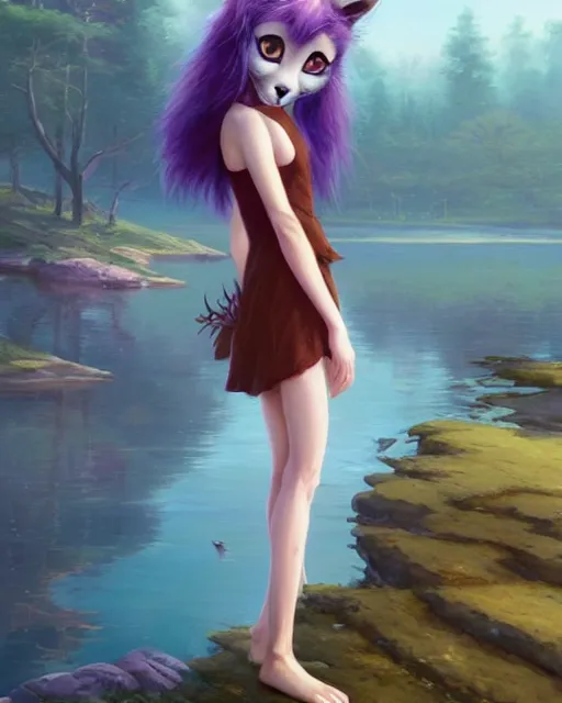 Prompt: an anthropomorphic fox girl with purple hair wearing a simple sundress, this fox has a pronounced snout and two pointed black ears, beautiful lake background, illustration by greg rutkowski, thomas kindkade, loish, artstation, furaffinity, deviantart