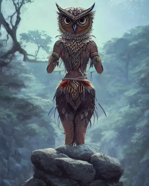 Prompt: an anthropomorphic owl warrior standing heroically on a rock. She is wearing tribal armor, she has the head of a owl, she has two owl wings on her back, she has feathers, she is a owl human hybrid. trees. atmospheric lighting, stunning, brave. By Makoto Shinkai, Stanley Artgerm Lau, WLOP, Rossdraws, James Jean, Andrei Riabovitchev, Marc Simonetti, krenz cushart, Sakimichan, D&D trending on ArtStation, digital art.