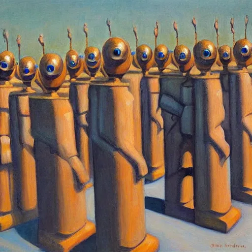 Image similar to robot druids in a grand processional, capital plaza, grant wood, pj crook, edward hopper, oil on canvas