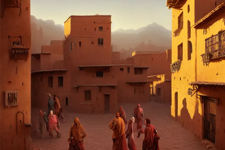 Prompt: in the middle of a adobe house kasbah town, mud and brick houses, merchant street, pueblo architecture, colorful crowd, festival. Scenic view at night, underexposed, clean horizon, matte painting by raphael lacoste and marc simonetti and craig mullins and christophe vacher, trending on artstation