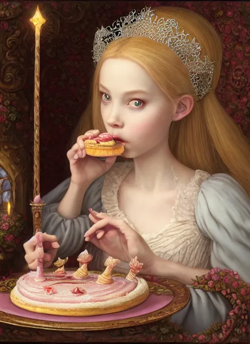 Image similar to highly detailed closeup portrait of a fairytale medieval princess eating cakes, unreal engine, nicoletta ceccoli, mark ryden, lostfish, earl norem, global illumination, god rays, detailed and intricate environment
