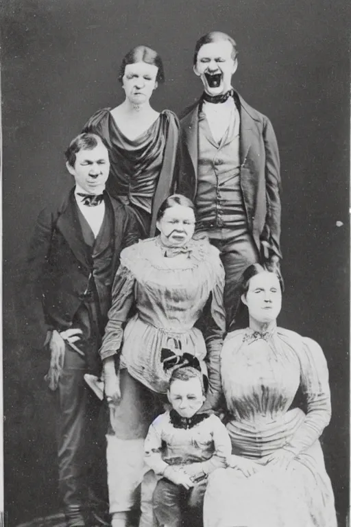 Image similar to mugwump family photo, 1 8 0 0 s, olan mills studio, creepy, scary, laughing, color, grotty, ugly, terrified