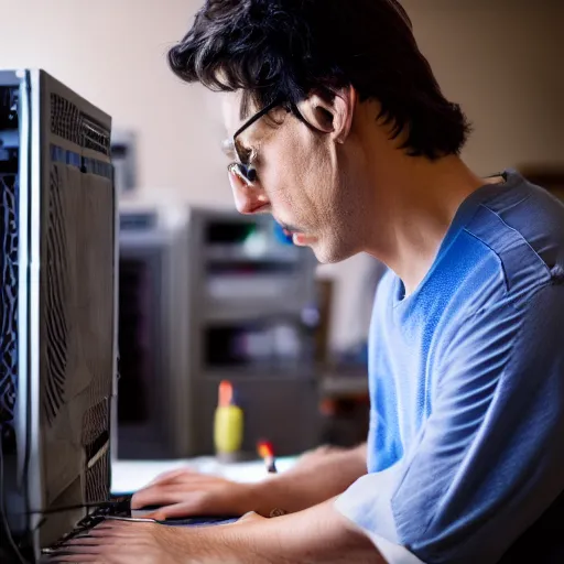 Image similar to watercolor portrait. a man trying to troubleshoot a computer. low dof