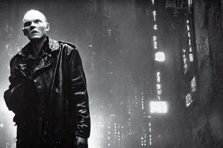 Image similar to a film still of Bill burr in a Blade Runner, high quality