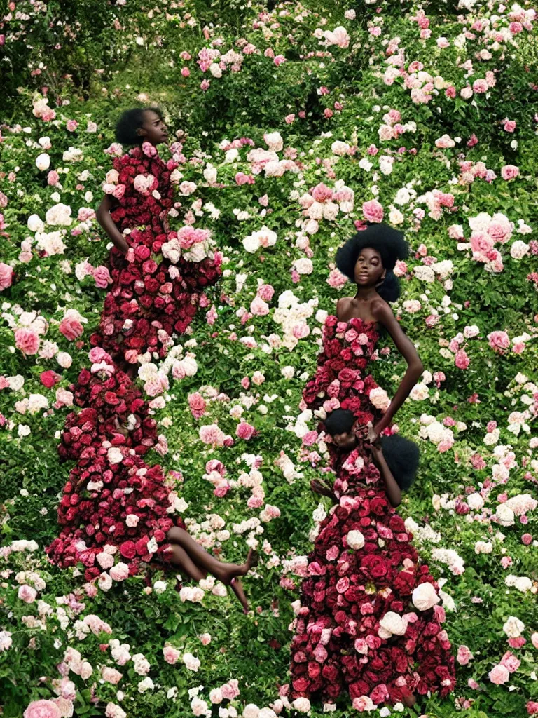 Prompt: Aamito Lagum wearing Karl Lagerfeld in a large rose garden, editorial photograph by Tim Walker