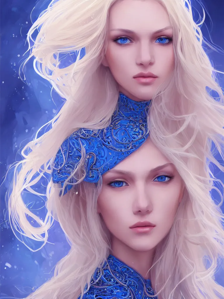 Prompt: A beautiful blonde Slavic woman in her 30’s, highly detailed full body, beautiful blue eyes, detailed, wearing fancy clothes, highly detailed figure, fractal crystal, epic composition, ultra wide-shot, dynamic pose, concept art, beautifully lit, digital painting, smooth, desaturated color theme, character design, sharp focus, elegant, intricate, post processing, artstation, by WLOP, James Jean, Victo Ngai, ryohei hase