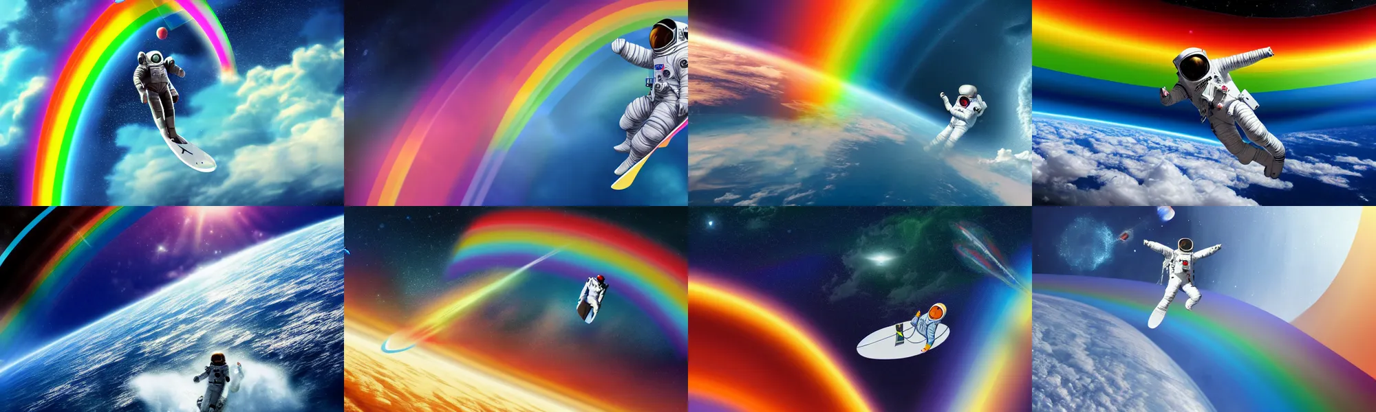 Prompt: A hyperrealistic photograph of an astronaut surfing on a rainbow in Space, 8k wallpaper, trending on artstation