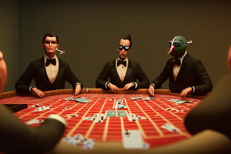 Prompt: hyperrealism simulation highly detailed human turtles'wearing detailed tuxedos and smoking, playing poker in surreal scene from cyberpunk movie from future by wes anderson and denis villeneuve and mike winkelmann rendered in blender and octane render