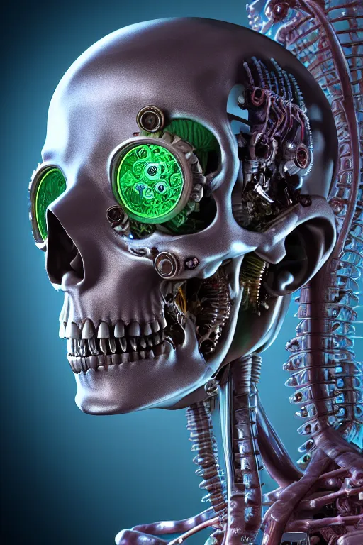 Prompt: 3D render of a STEAMpunk cyborg with translucent skull filled with a fractal of liquid mercury switches, neon eyeballs, titanium skeleton, anatomical, latex flesh and facial muscles, neon wires, microchips, electronics, veins, arteries, glowing, highly detailed, octane render, global lighting by H.R. Giger and Johanna Martine and Jeffrey Smith AND ERNST HAECKEL, background of outer space neon nebulas by Pilar Gogar, 8K HDR