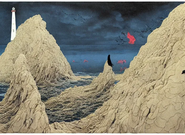 Image similar to worshippers in robes belonging to the cult of the lighthouse standing in waves with ravens flying overhead, a lighthouse, ravens, high detailed beksinski painting, part by adrian ghenie and gerhard richter. art by takato yamamoto and gerald scarfe. masterpiece, dark and moody, deep colours, blue - h 8 9 6