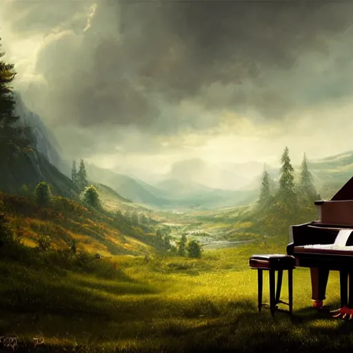 Prompt: beethoven playing piano, beautiful landscape, dramatic lighting, cinematic, establishing shot, extremly high detail, photorealistic, cinematic lighting, post processed, concept art, artstation, matte painting, style by greg rutkowsky