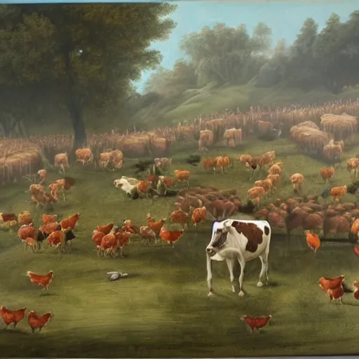 Image similar to large battle scene of cows vs chickens