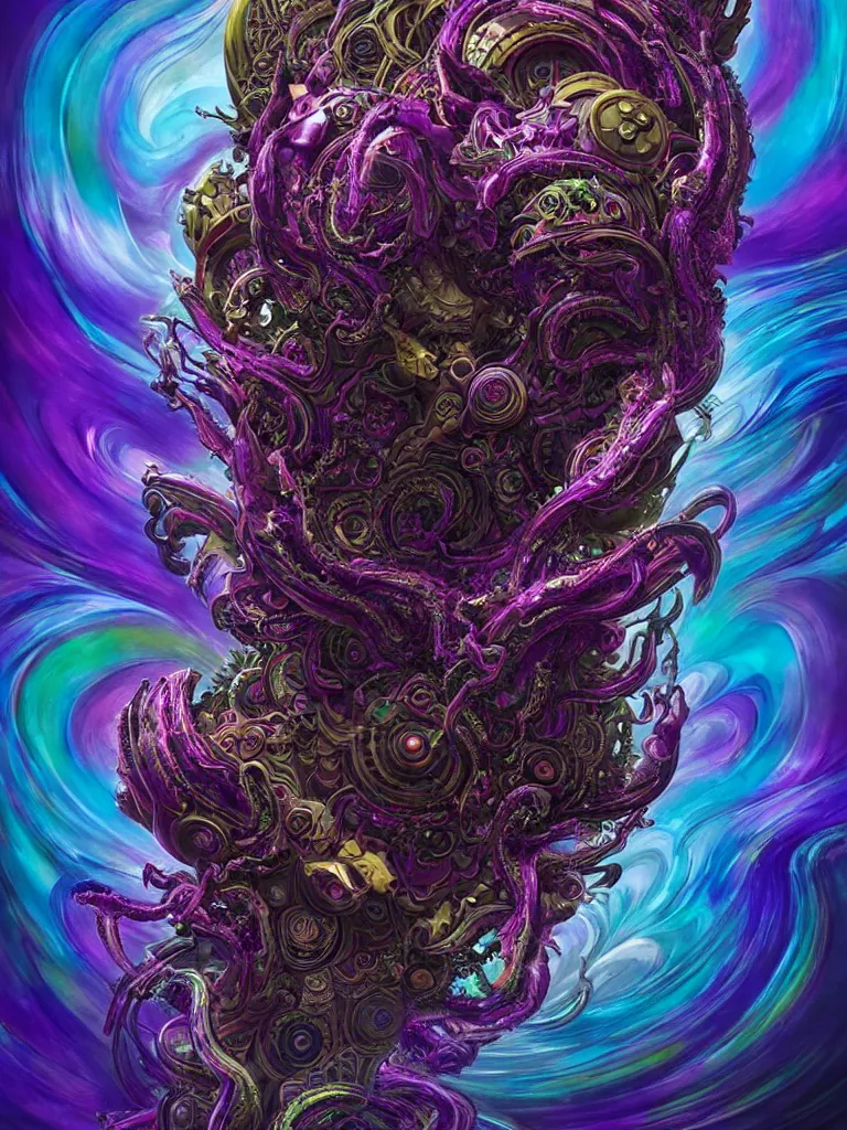 Prompt: depicting a wrathful technological nightmare monster god, in the style of lisa frank, exuberant organic elegant forms, by karol bak and filip hodas : : 1. 4 purple, red, blue, green, black intricate mandala explosions : : intuit art : : turbulent water backdrop : : damask wallpaper : : atmospheric