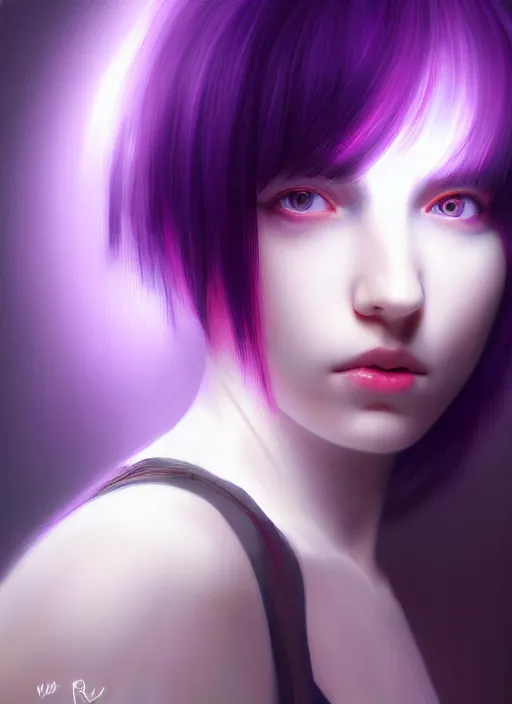 Image similar to hair whitebangs hair, black hair, whitebangs, portrait of teenage girl with white bangs, red irises, purple clothes, white bangs, bangs are different color from hair, intricate, elegant, glowing lights, highly detailed, digital painting, artstation, concept art, smooth, sharp focus, illustration, art by wlop, mars ravelo and greg rutkowski