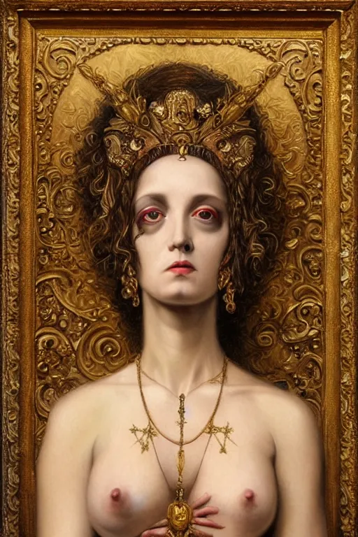 Image similar to hyper realistic painting portrait of the lady of punk, occult diagram, elaborate details, detailed face, intrincate ornaments, gold decoration, occult art, oil painting, art noveau, in the style of roberto ferri, gustav moreau, jean delville, bussiere, andrew gonzalez